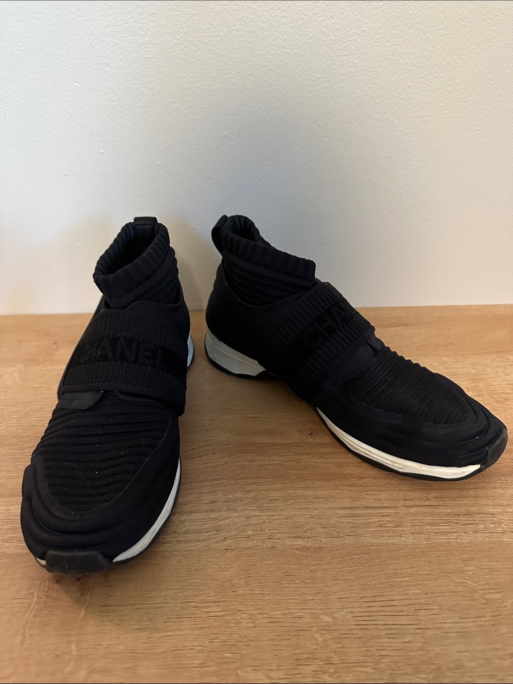 LIKE NEW Chanel Interlocking CC Black Fabric Stretch High-Top Sock Sneakers